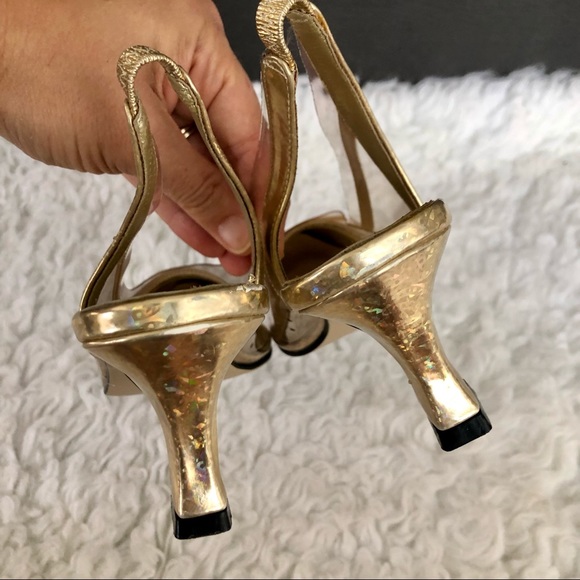 Vintage Amanda gold & clear sling back heels, 8M - Picture 7 of 9